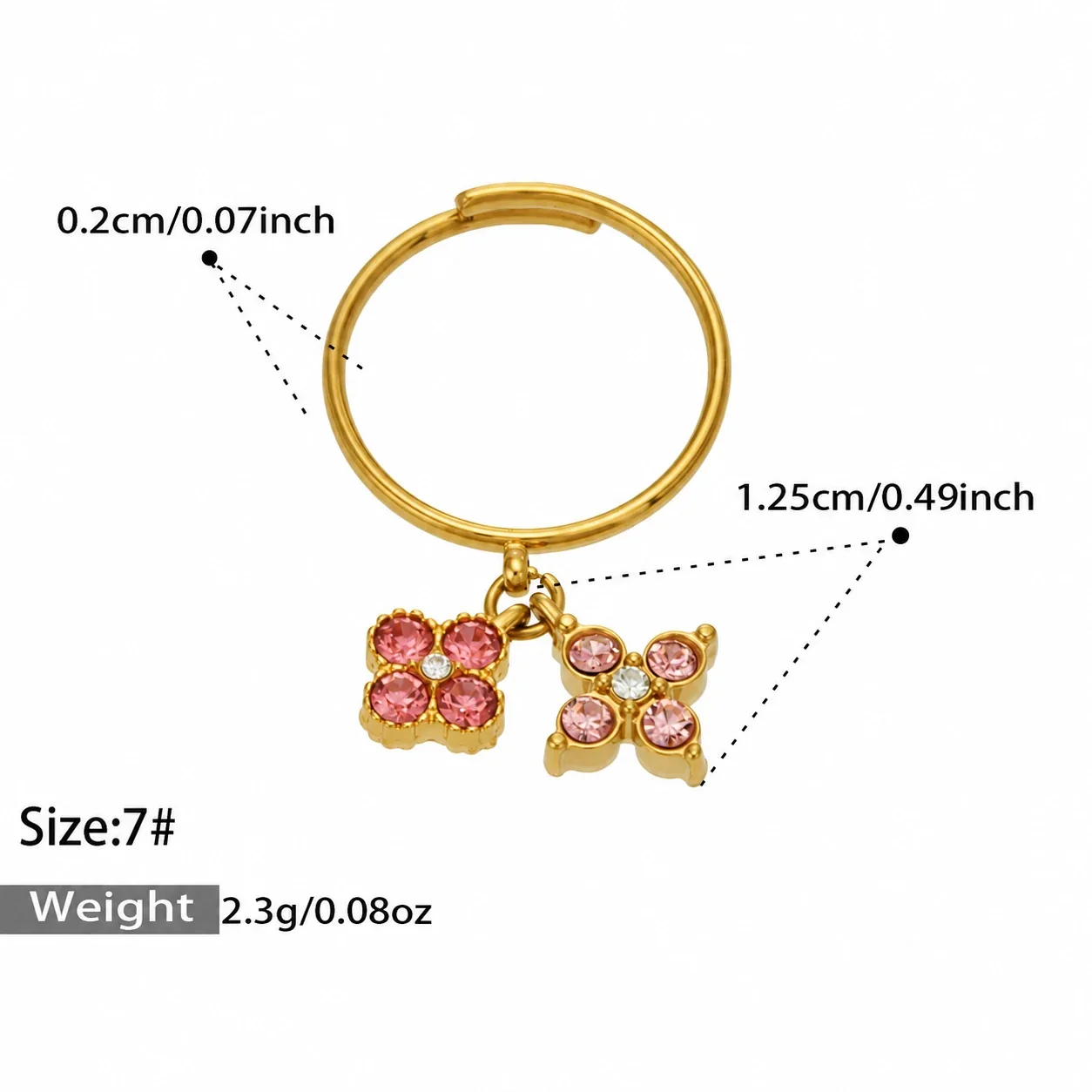 Open Ring, Dual Flower CZ Charms, Gold-Plated 316 Stainless Steel - Gold Pink CZ