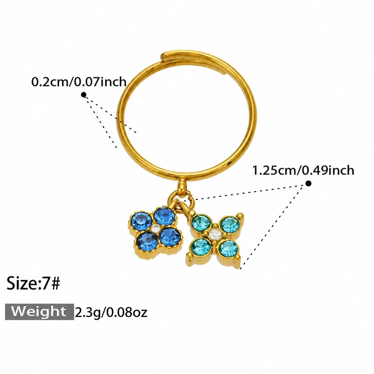 Open Ring, Dual Flower CZ Charms, Gold-Plated 316 Stainless Steel - Gold Blue CZ