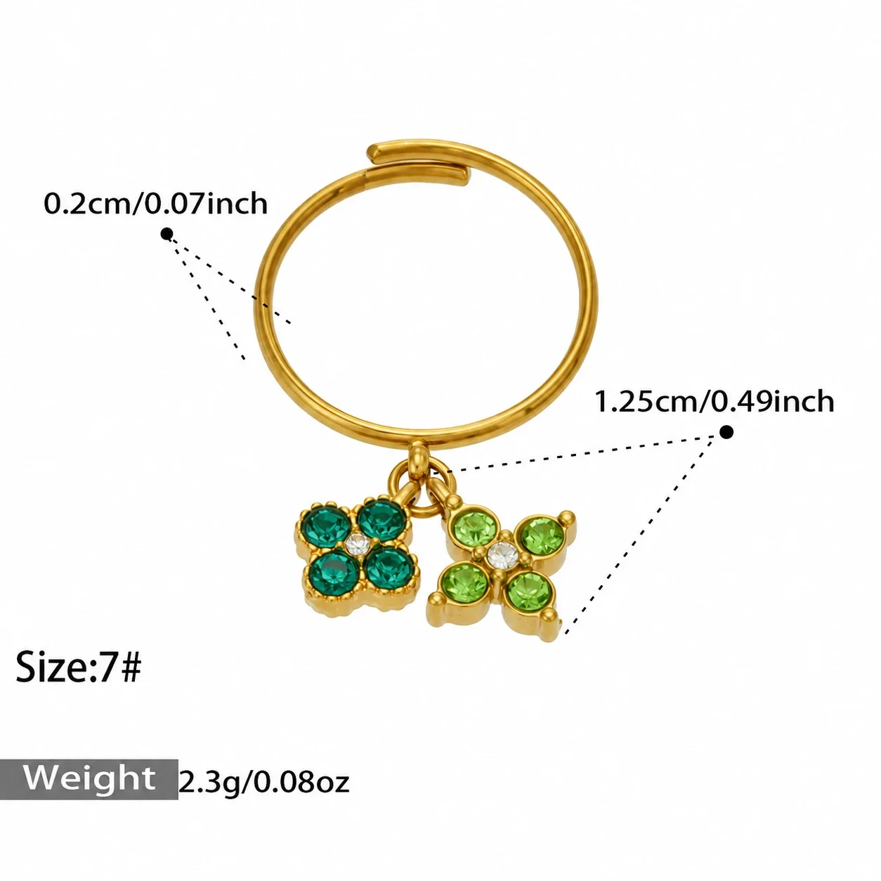 Open Ring, Dual Flower CZ Charms, Gold-Plated 316 Stainless Steel - Gold Green CZ