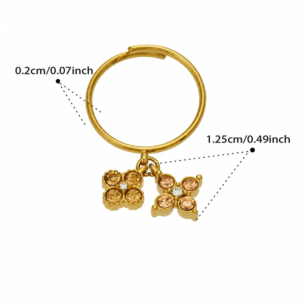 Open Ring, Dual Flower CZ Charms, Gold-Plated 316 Stainless Steel - Gold Champagne CZ