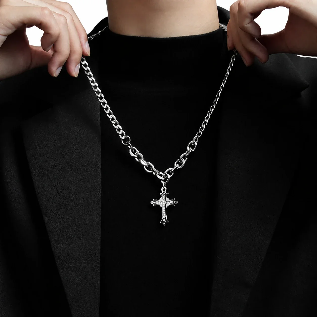 Gothic Stainless Steel Cuban Chain Cross Pendant Necklace