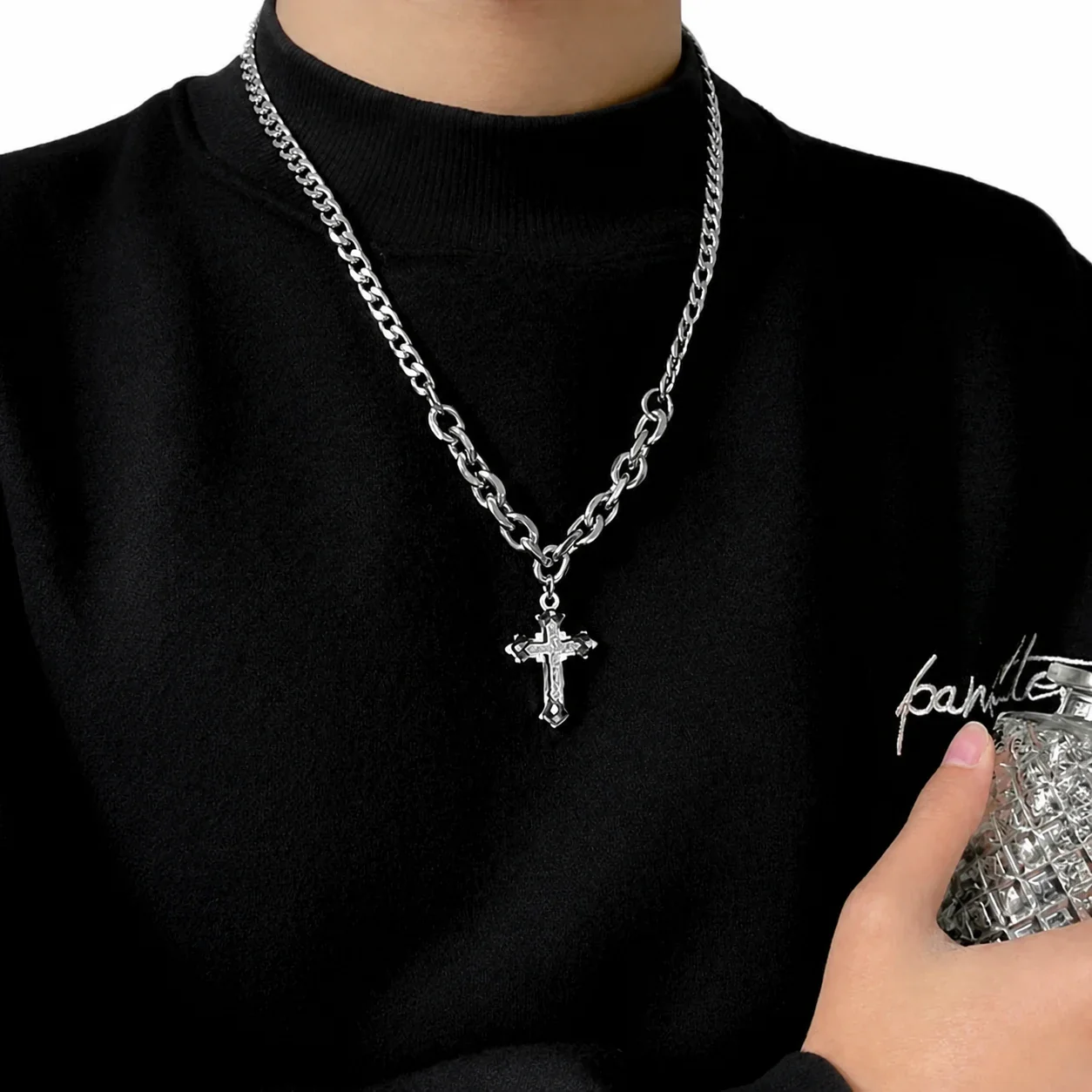Gothic Stainless Steel Cuban Chain Cross Pendant Necklace
