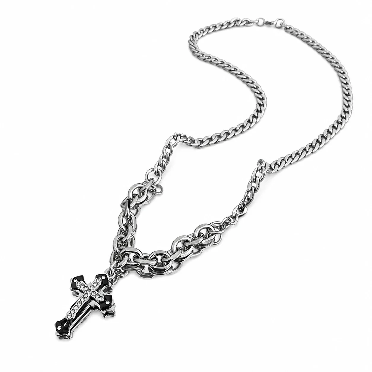 Gothic Stainless Steel Cuban Chain Cross Pendant Necklace