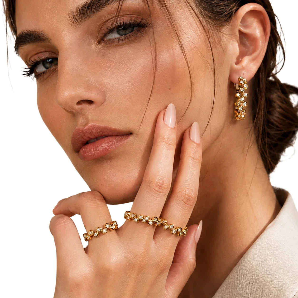 Beaded 316L Bezel CZ Hoop Earrings & Ring Jewelry Set