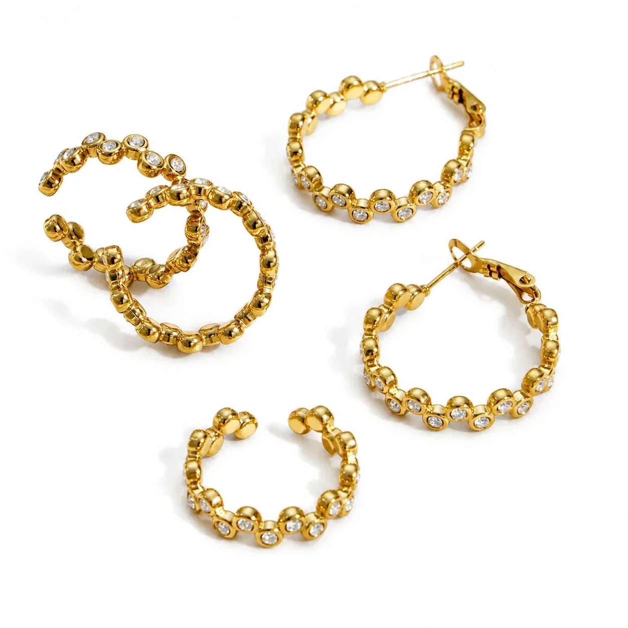 Beaded 316L Bezel CZ Hoop Earrings & Ring Jewelry Set