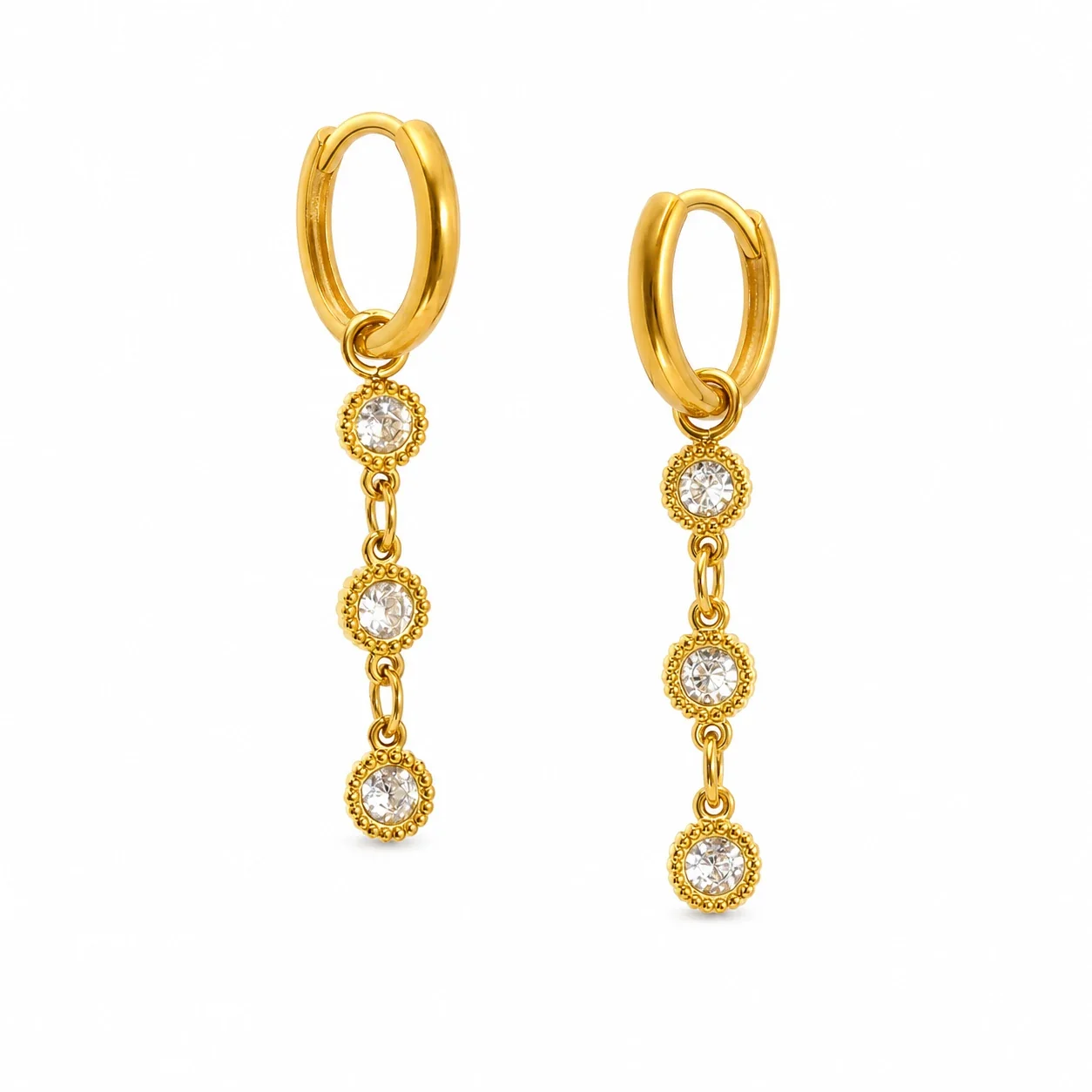 Ornate Gold-Tone Beaded Round CZ Huggie Drop Earrings