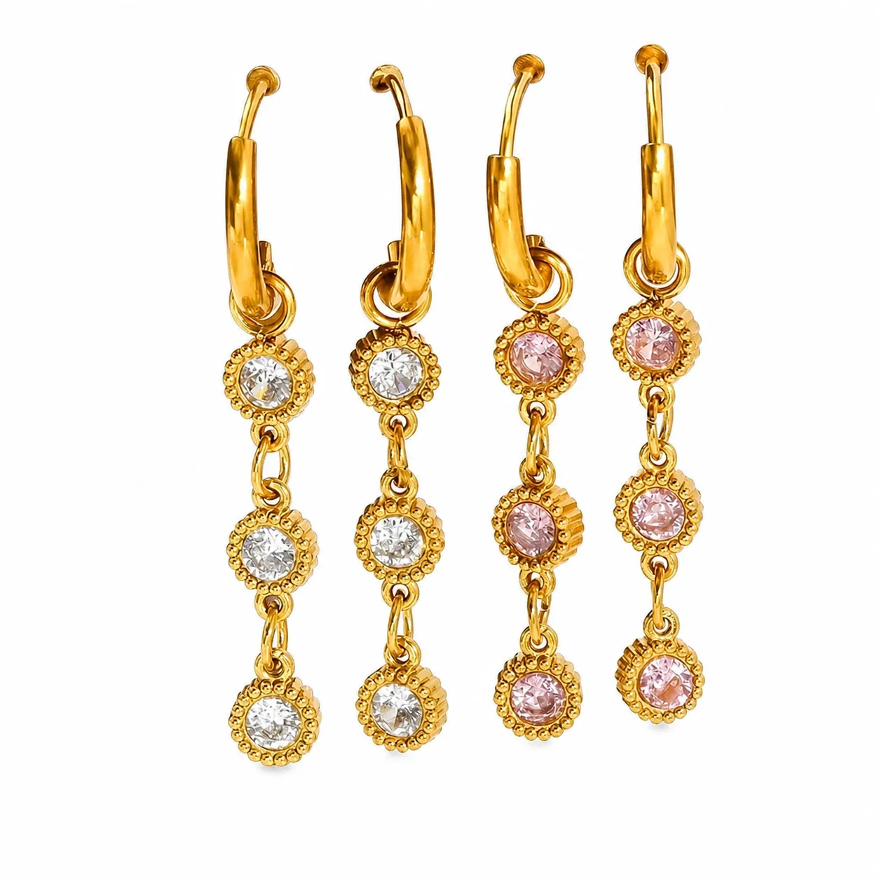 Ornate Gold-Tone Beaded Round CZ Huggie Drop Earrings