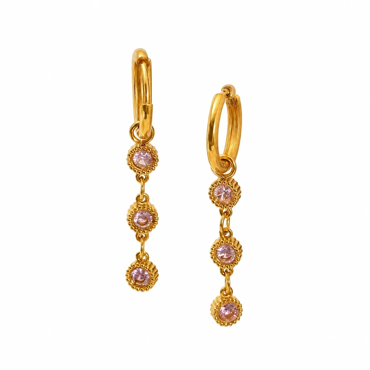 Ornate Gold-Tone Beaded Round CZ Huggie Drop Earrings