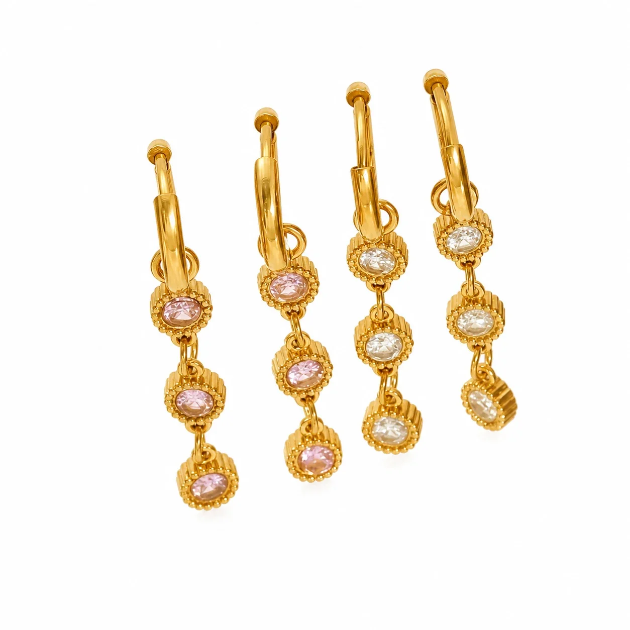 Ornate Gold-Tone Beaded Round CZ Huggie Drop Earrings