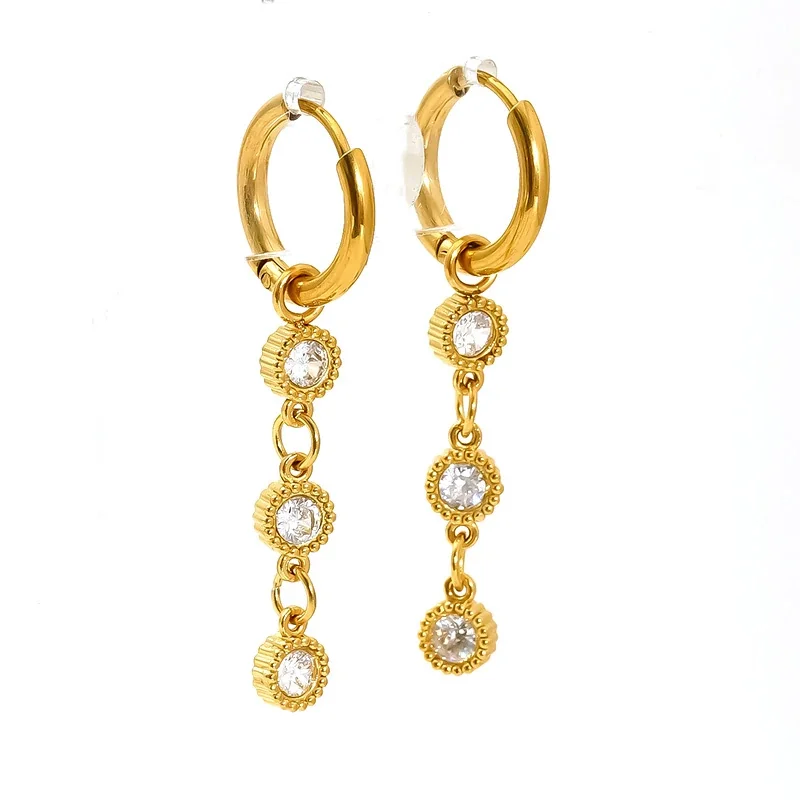 Ornate Gold-Tone Beaded Round CZ Huggie Drop Earrings
