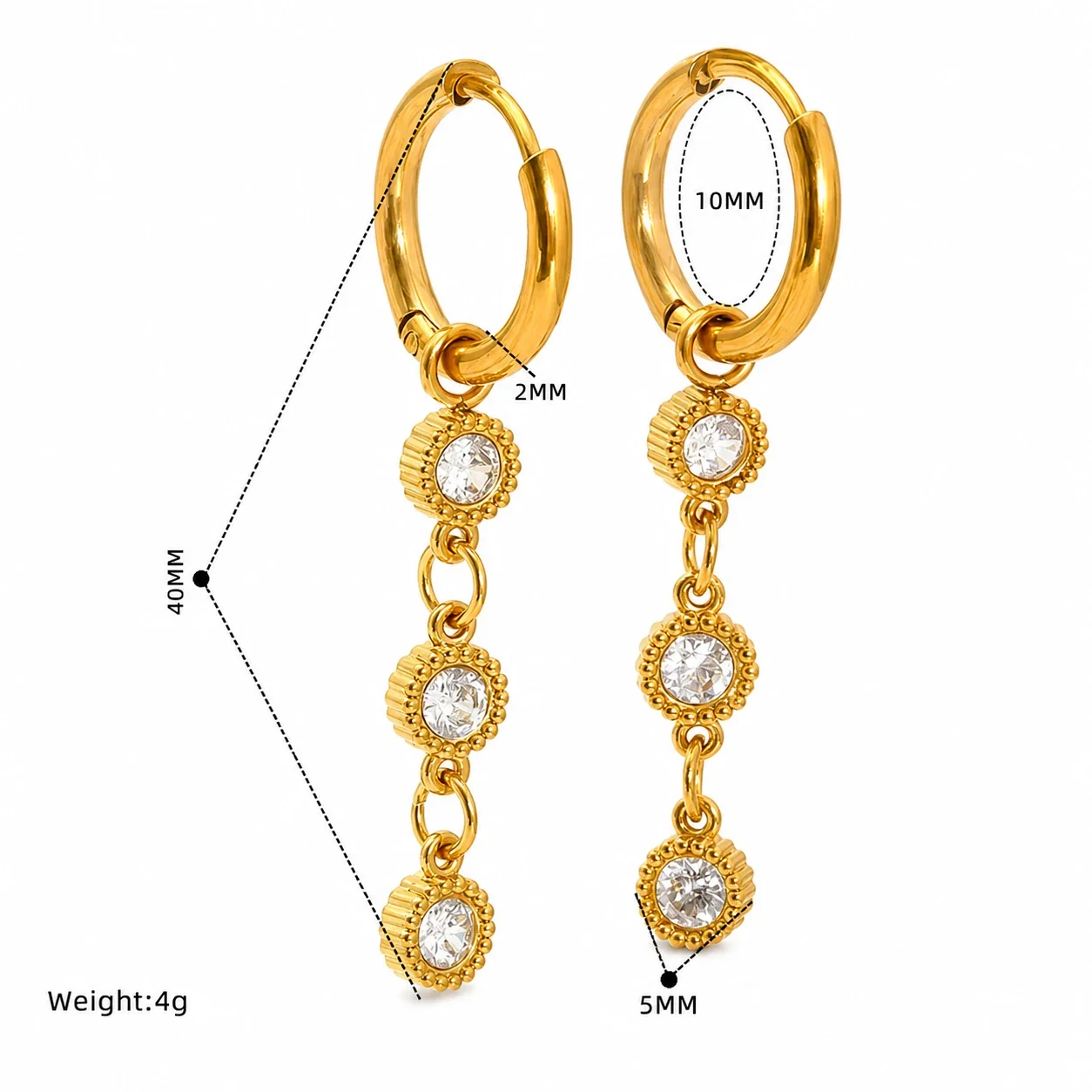 Ornate Gold-Tone Beaded Round CZ Huggie Drop Earrings - Gold White CZ