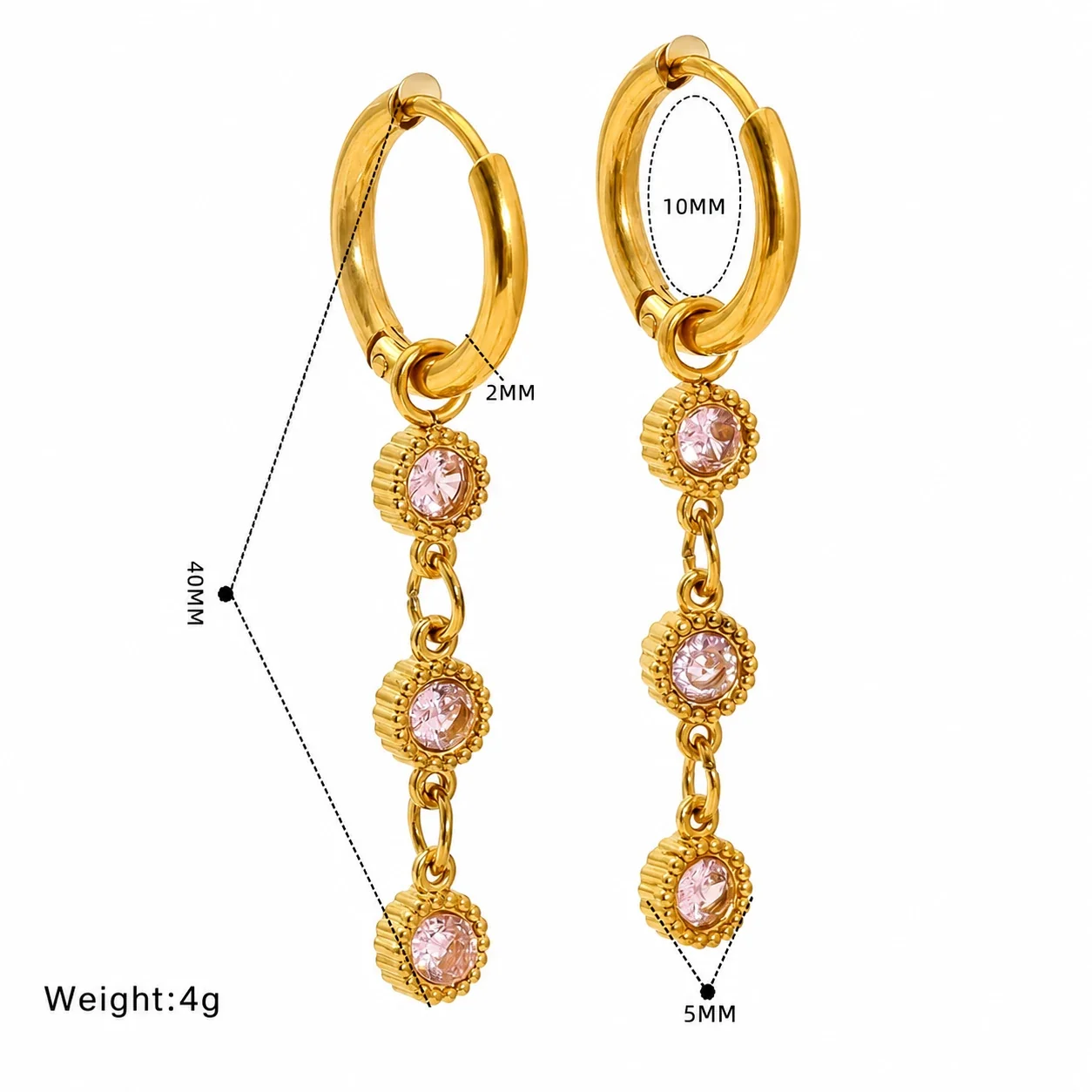 Ornate Gold-Tone Beaded Round CZ Huggie Drop Earrings - Gold Pink CZ