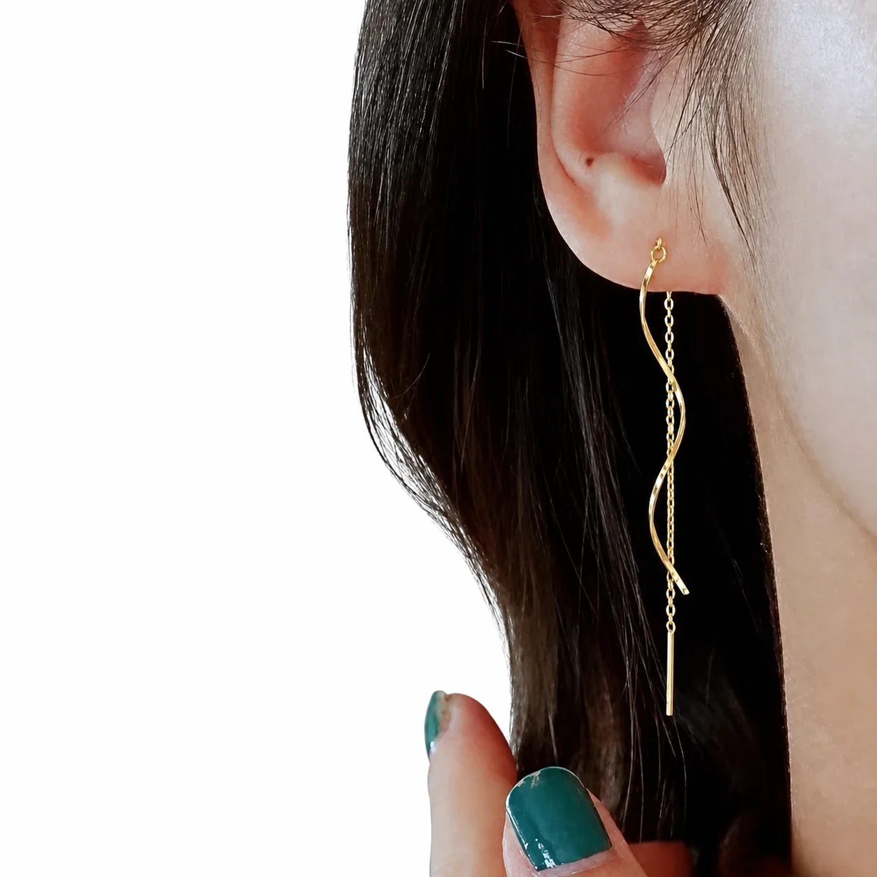 Fluid Stainless Steel Gold-Tone Wave Threader Earrings