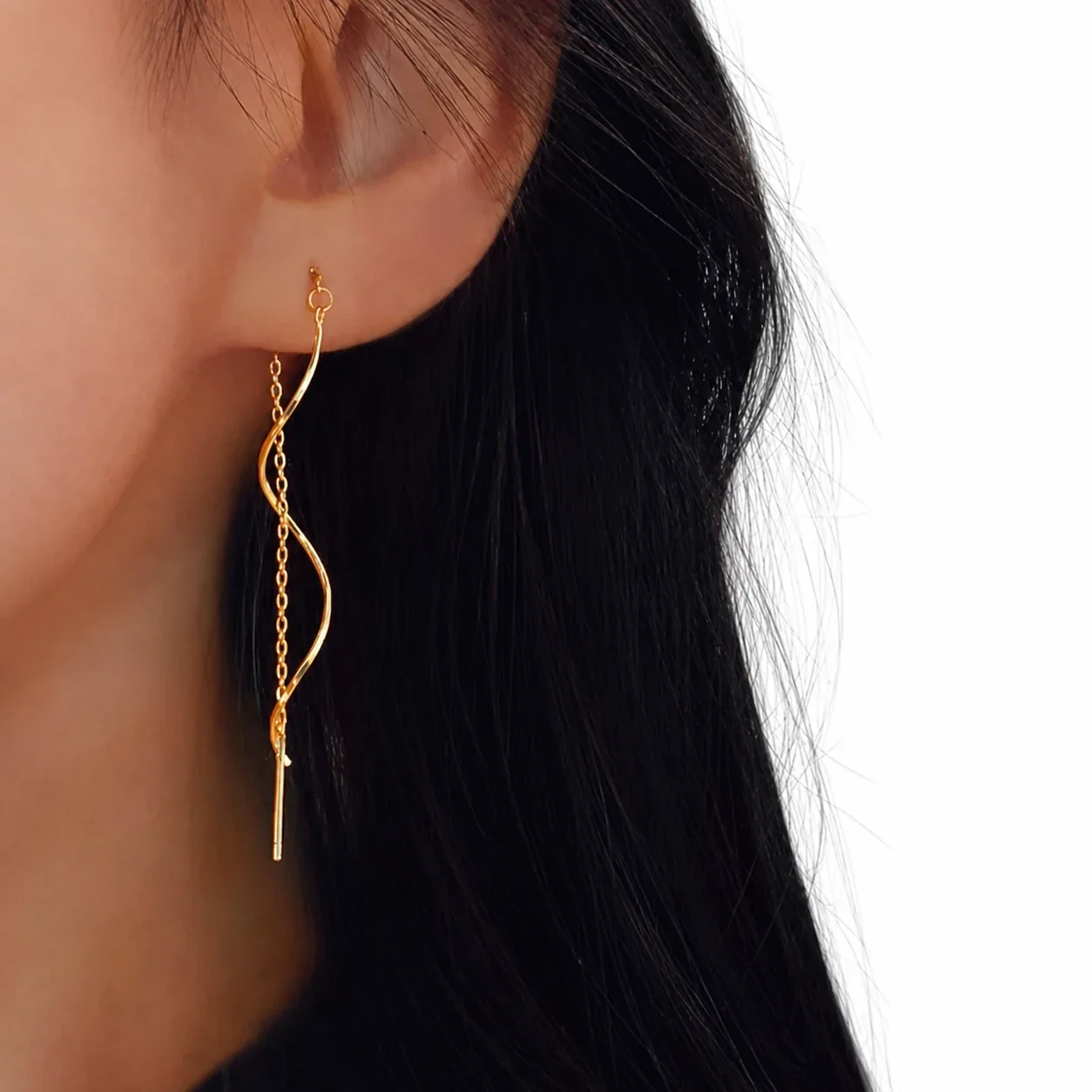 Fluid Stainless Steel Gold-Tone Wave Threader Earrings