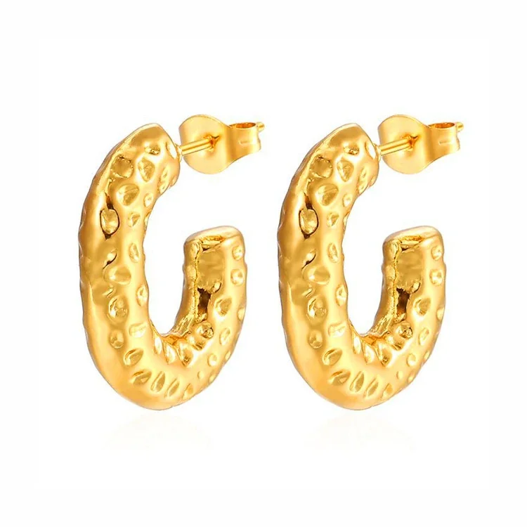 Textured Gold-Plated Stainless Steel U Hoop Earrings - Gold