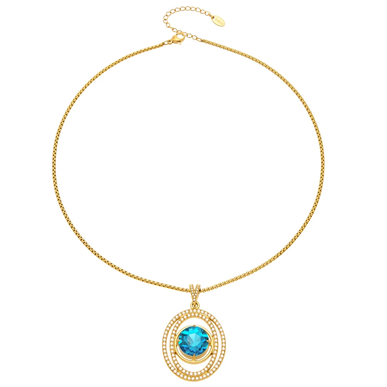 Radiant Gold PVD 316L Stainless Steel Blue Round Pavé Oval Pendant Necklace