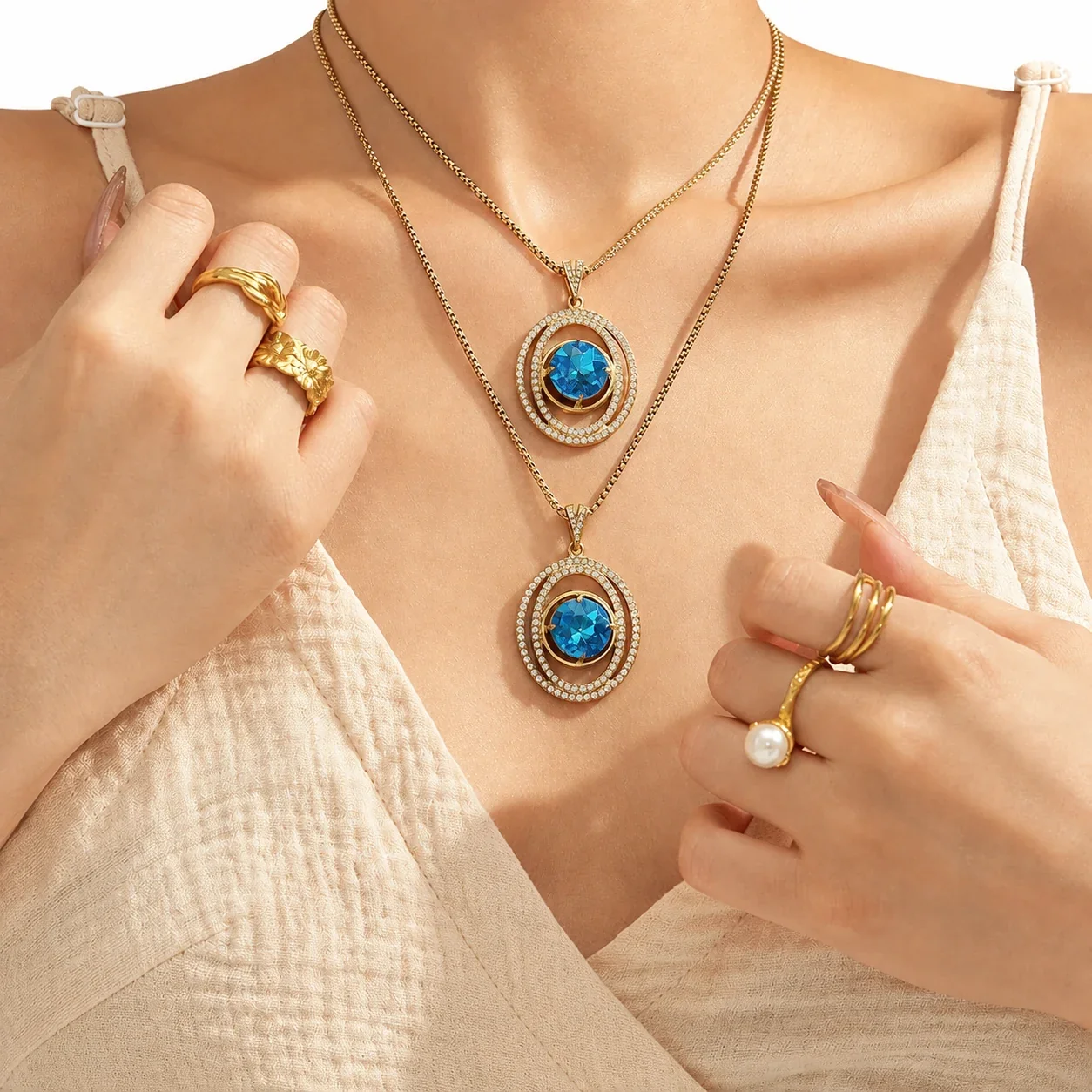 Radiant Gold-Plated 316L Blue Round Pavé Oval Pendant Necklace