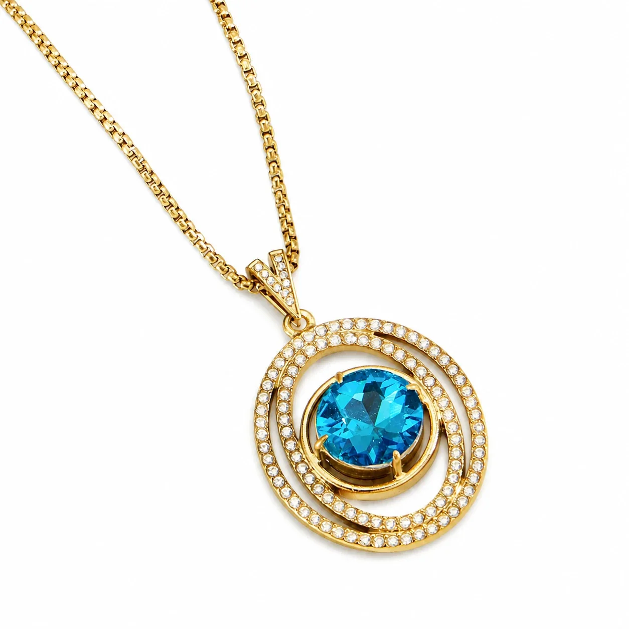 Radiant Gold-Plated 316L Blue Round Pavé Oval Pendant Necklace