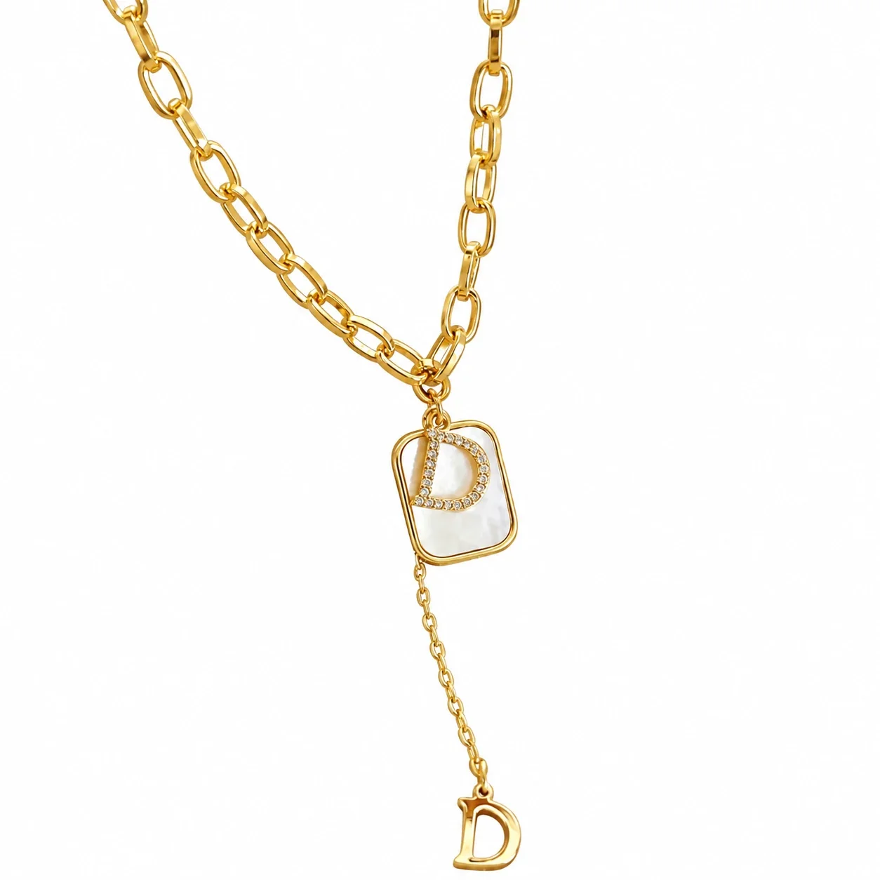 D-initialhangerketting met dogtag, verguld roestvrij staal productfoto