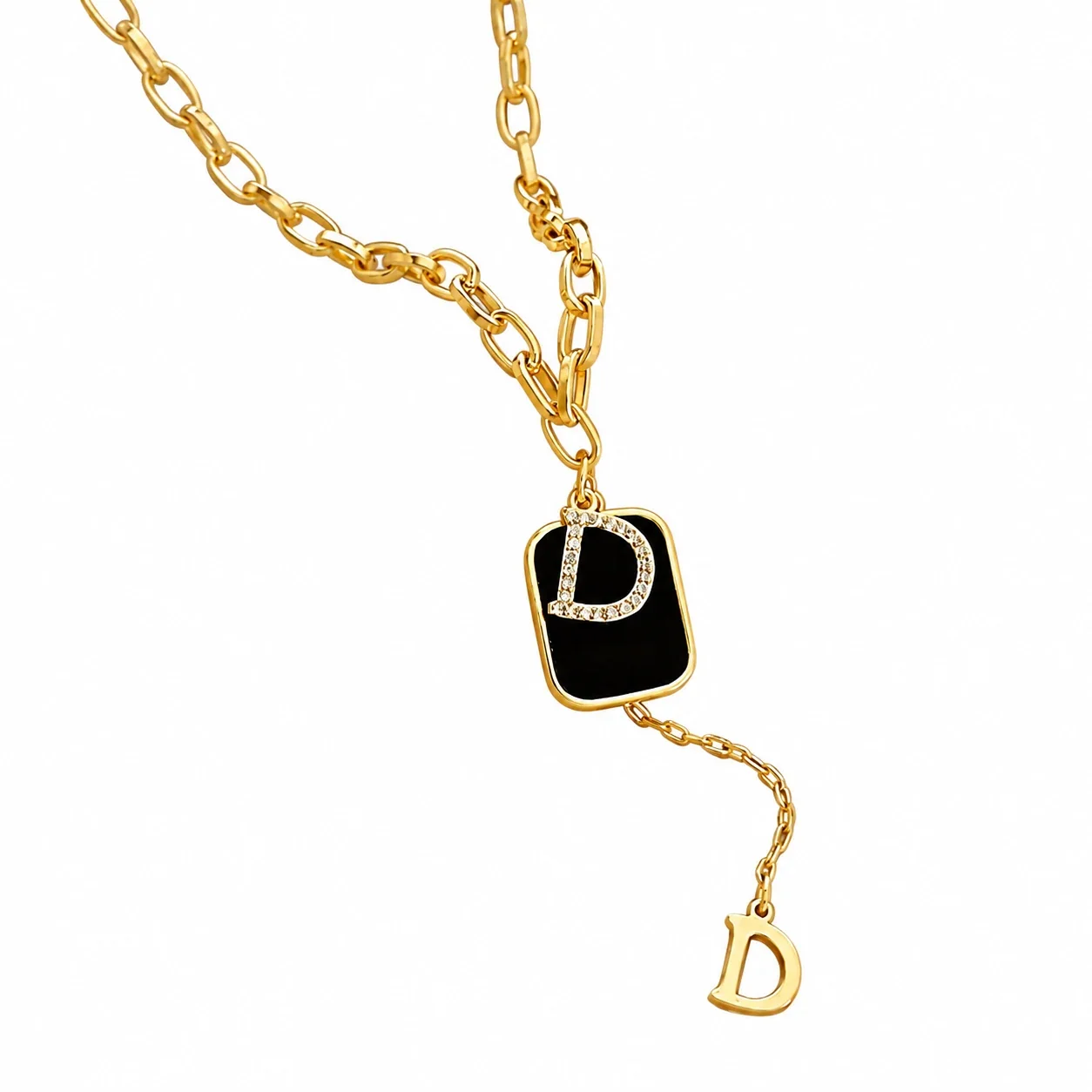 D-initialhangerketting met dogtag, verguld roestvrij staal productfoto