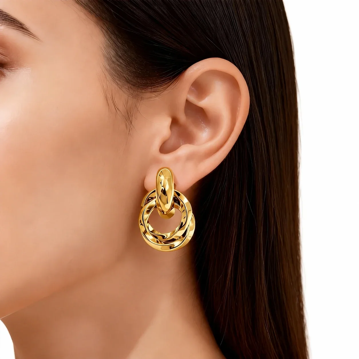 Drop Earrings With Interlocking Rings 316 Stainless Steel Gold PVD