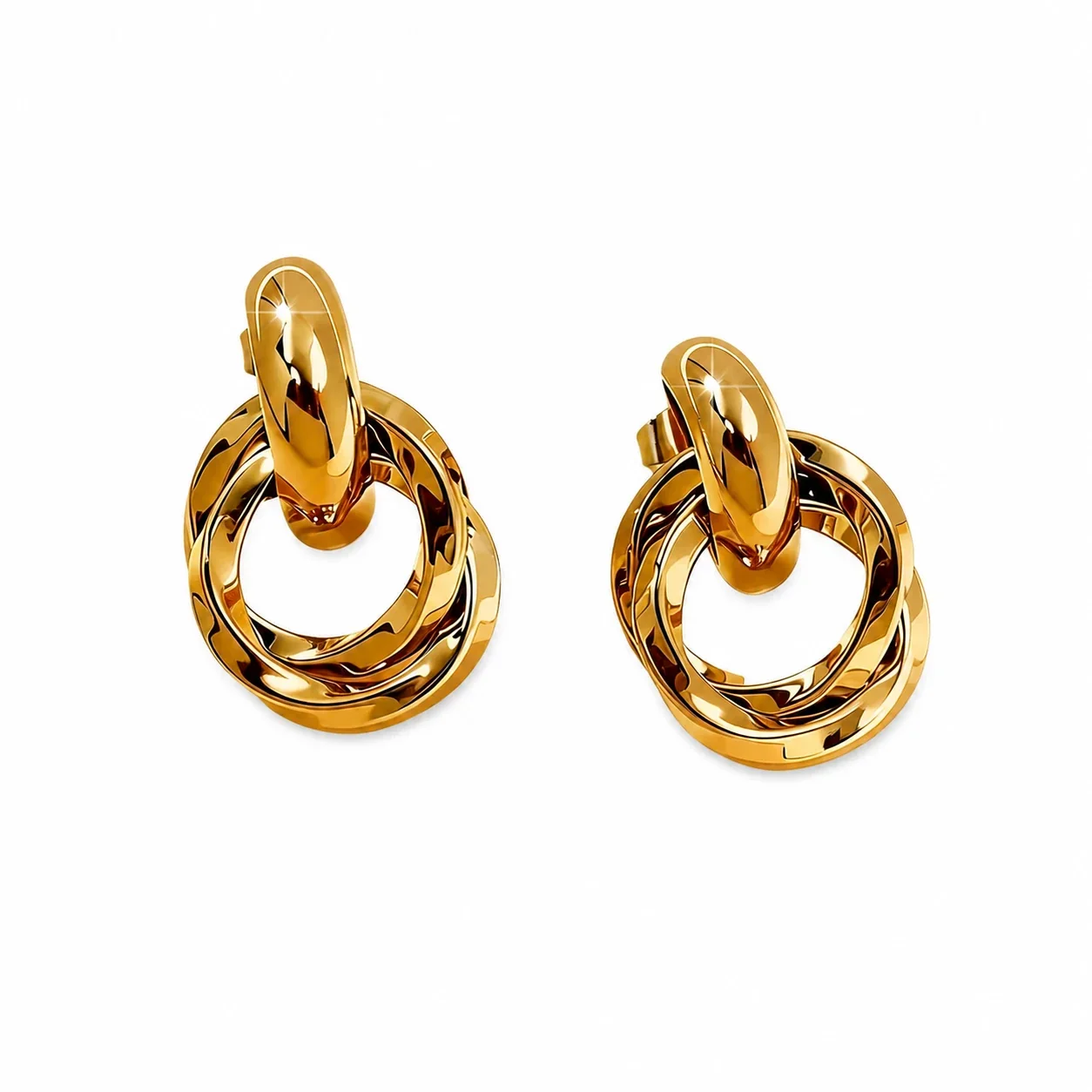 Drop Earrings With Interlocking Rings 316 Stainless Steel Gold PVD - Gold