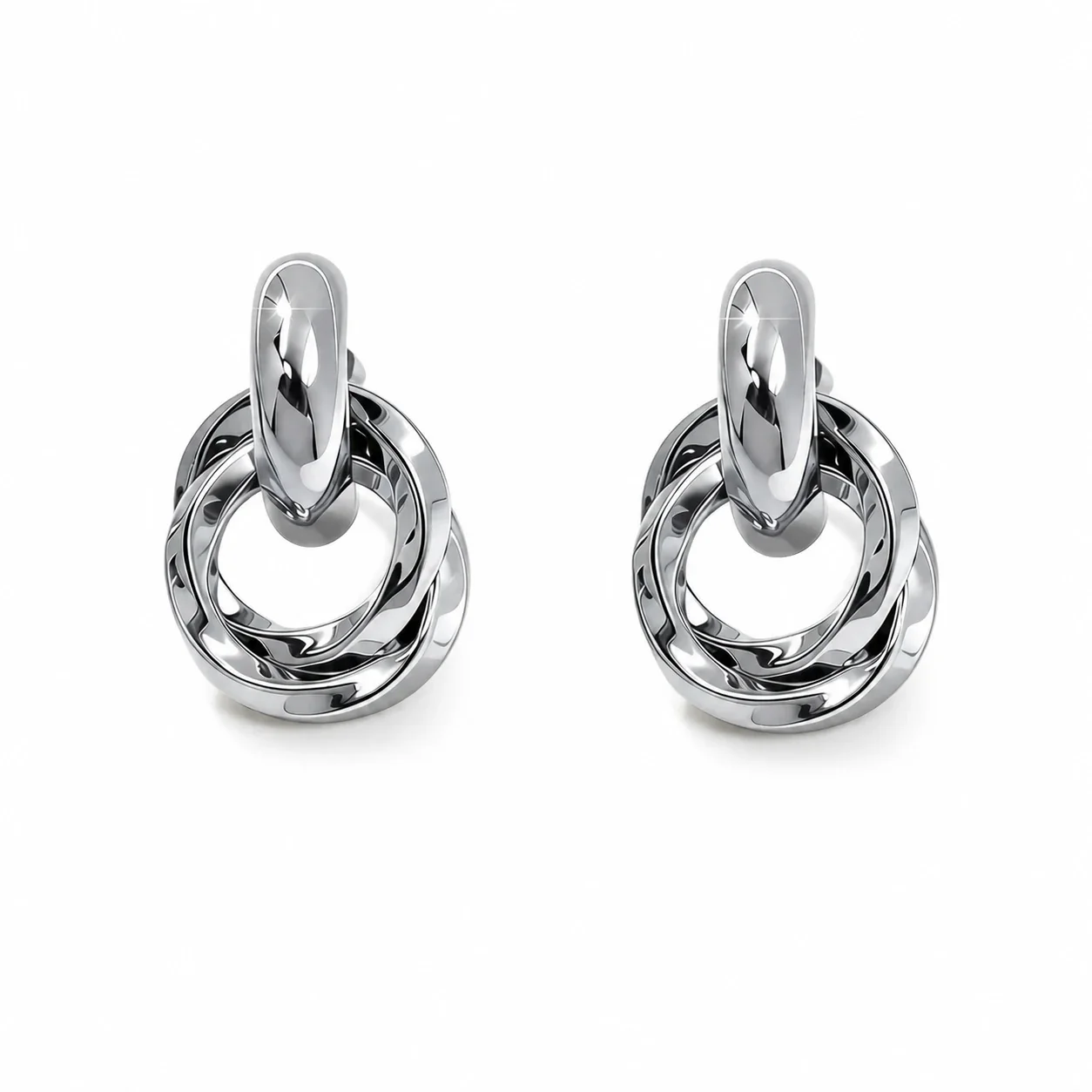 Drop Earrings With Interlocking Rings 316 Stainless Steel Gold PVD - Silver