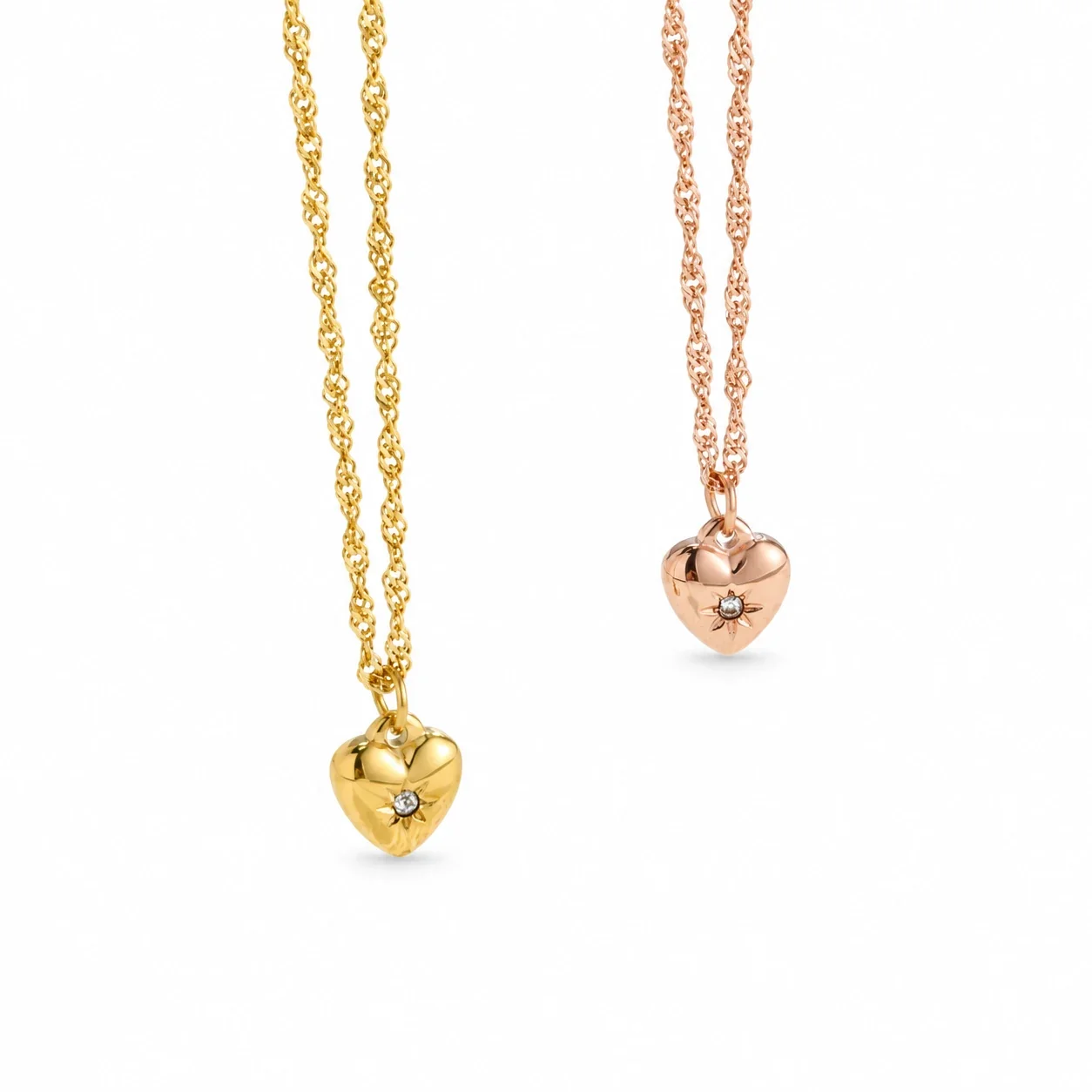 Heart Pendant Necklace with Starburst Crystal, Stainless Steel