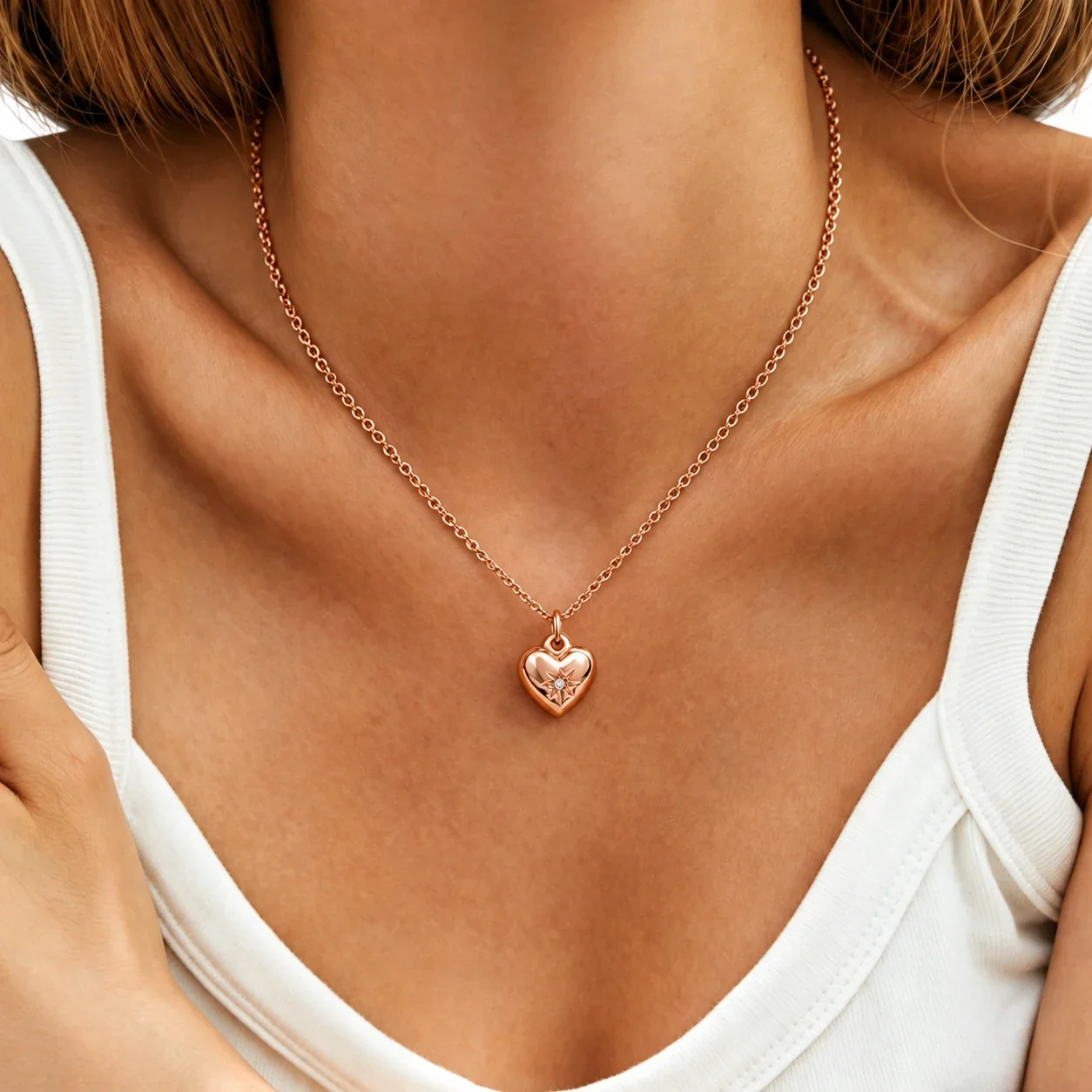Heart Pendant Necklace with Starburst Crystal, Stainless Steel
