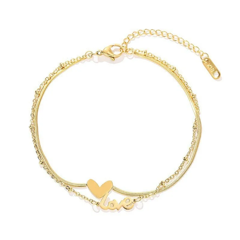 Anklet Double-Layer Heart & Love Script Stainless Steel