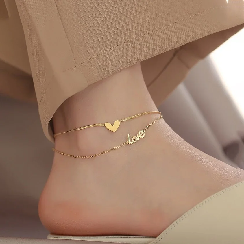 Foto del producto: Tobillera de acero inoxidable de doble cadena con corazón y Love