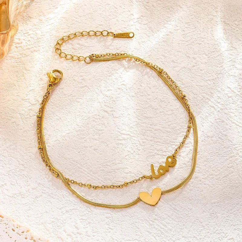 Foto del producto: Tobillera de acero inoxidable de doble cadena con corazón y Love