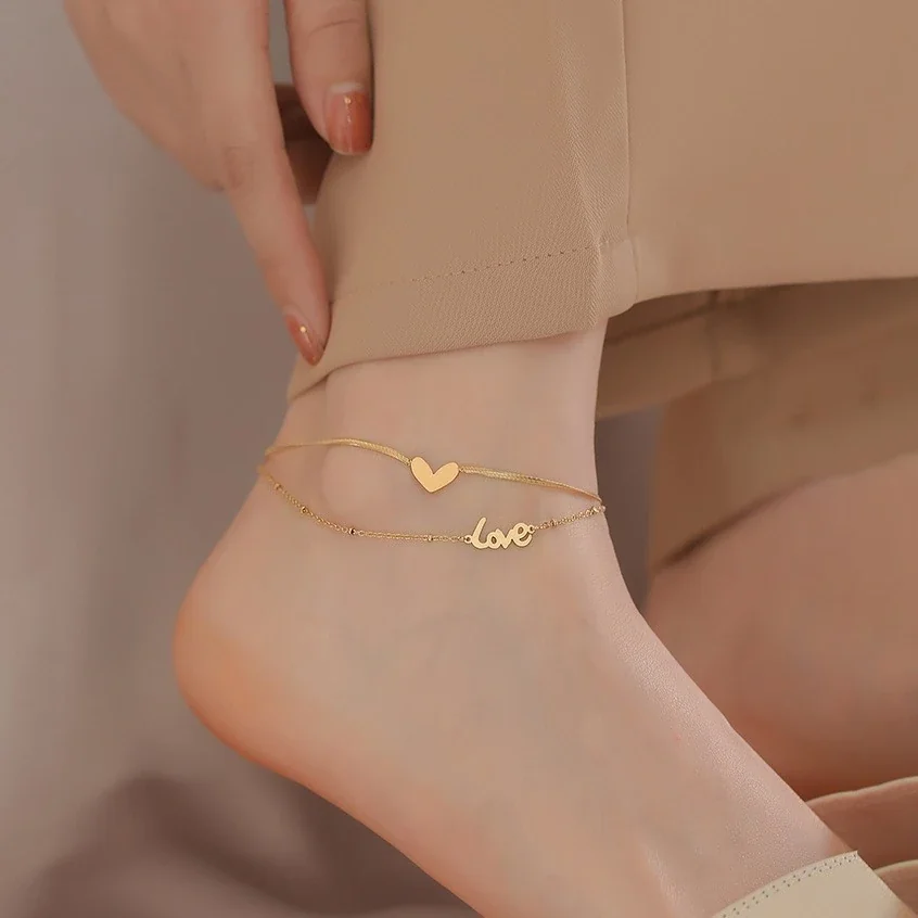 Foto del producto: Tobillera de acero inoxidable de doble cadena con corazón y Love