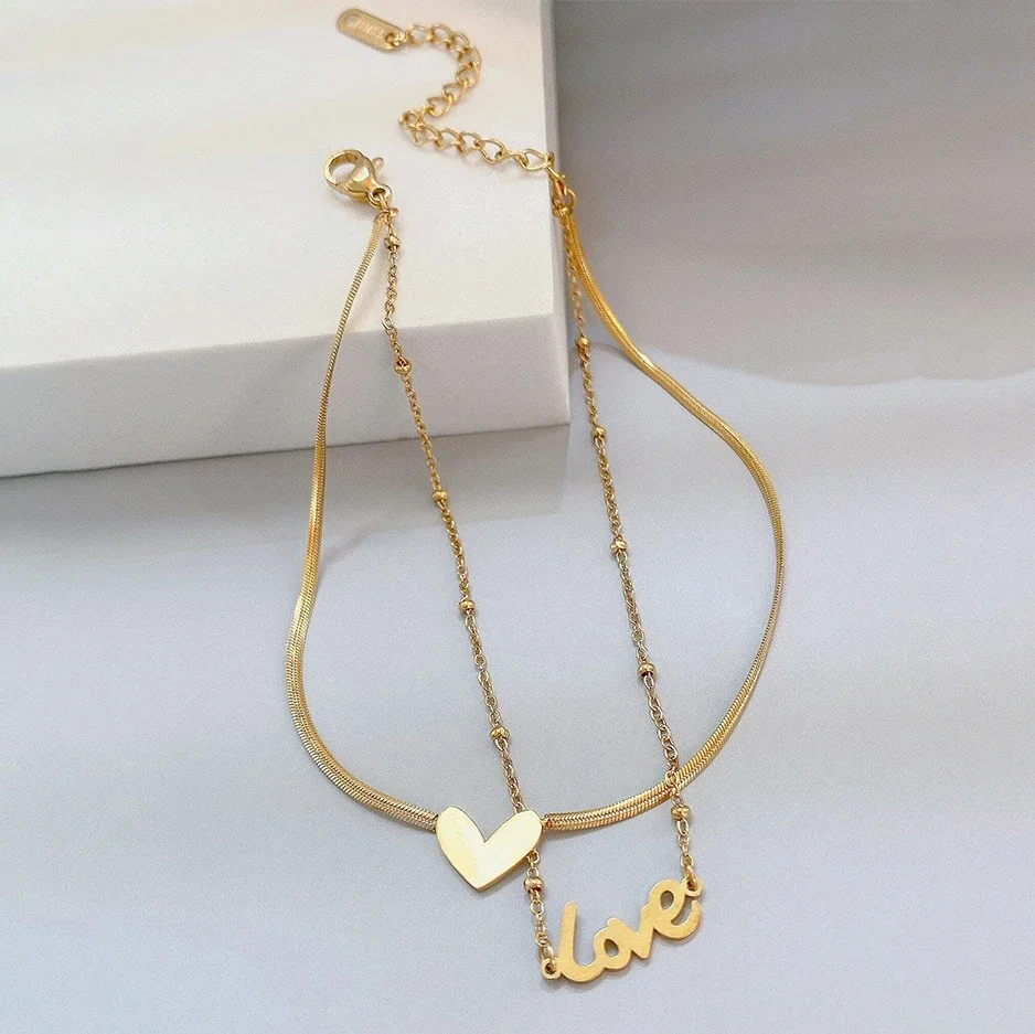 Foto del producto: Tobillera de acero inoxidable de doble cadena con corazón y Love