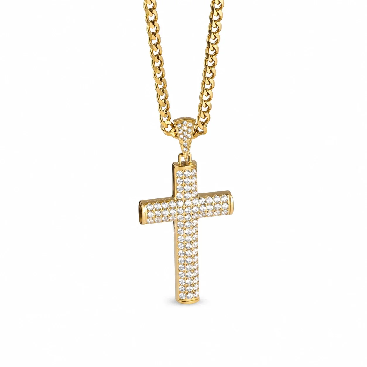 Iced 316 Stainless Steel Cross Pendant Necklace - Gold White CZ