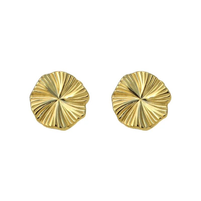 Stud Earrings Round Fluted Disc Gold-Plated Stainless Steel