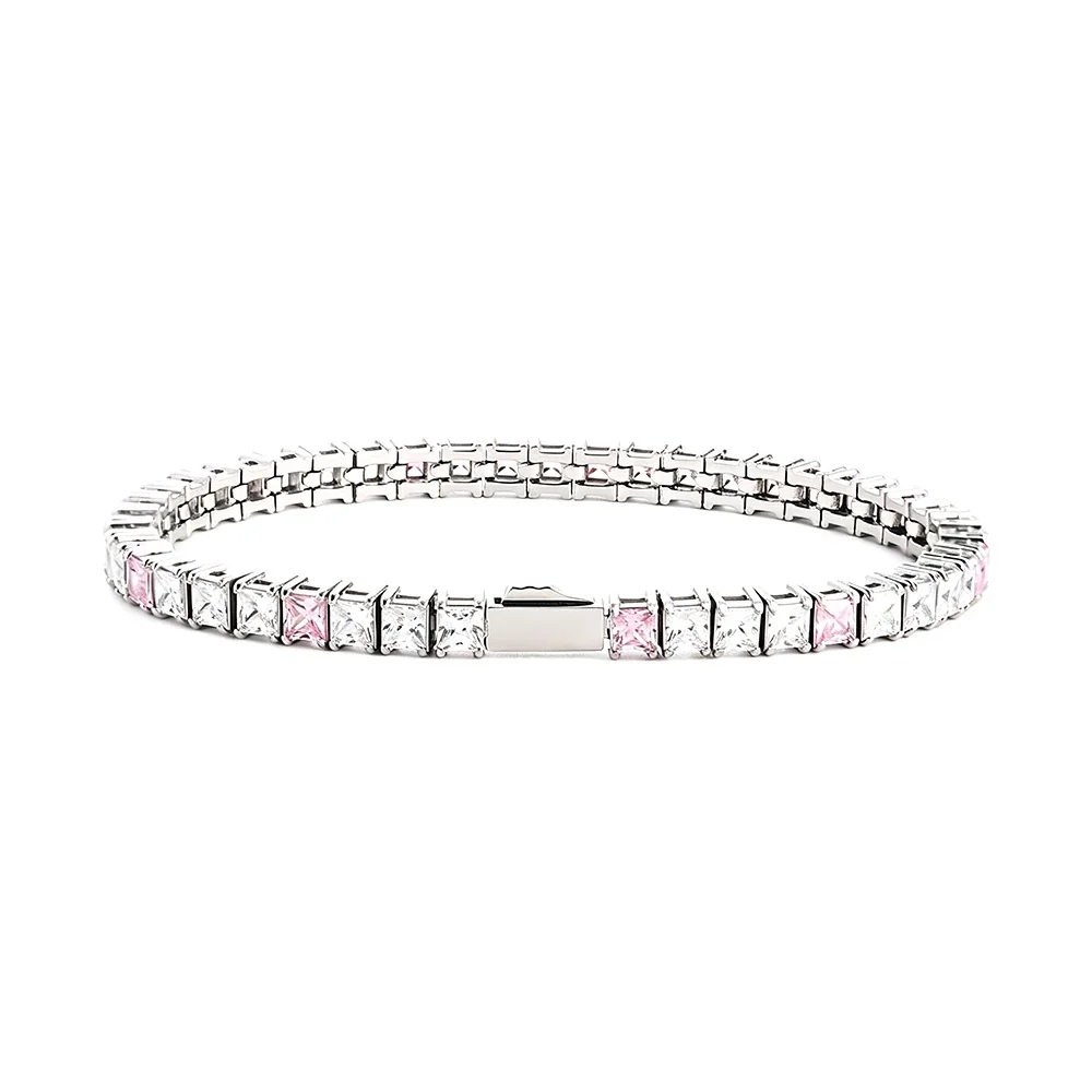 Radiant 316 Stainless Square CZ Tennis Bracelet - mm Silver White CZ + Pink CZ