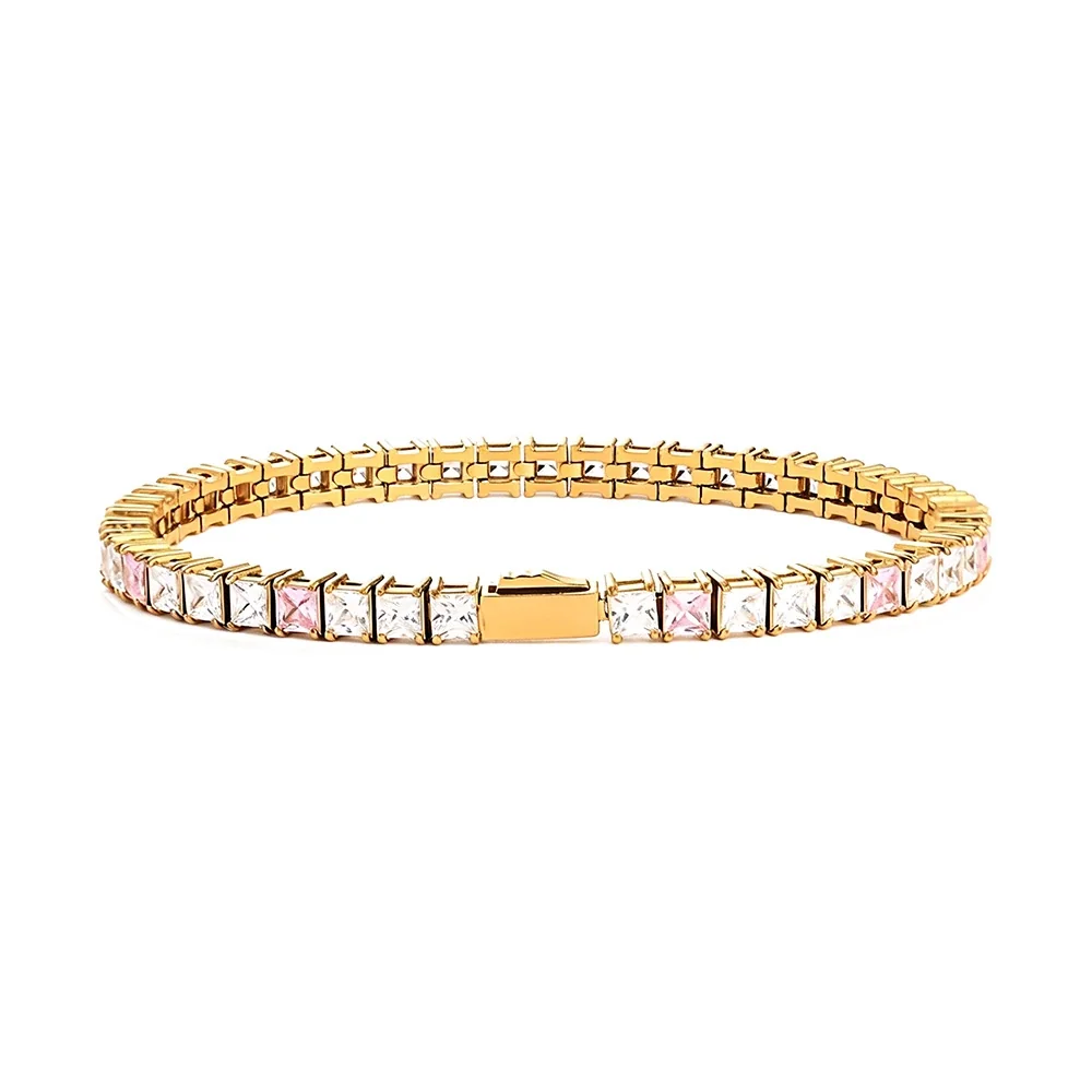 Radiant 316 Stainless Square CZ Tennis Bracelet - mm Gold White CZ + Pink CZ
