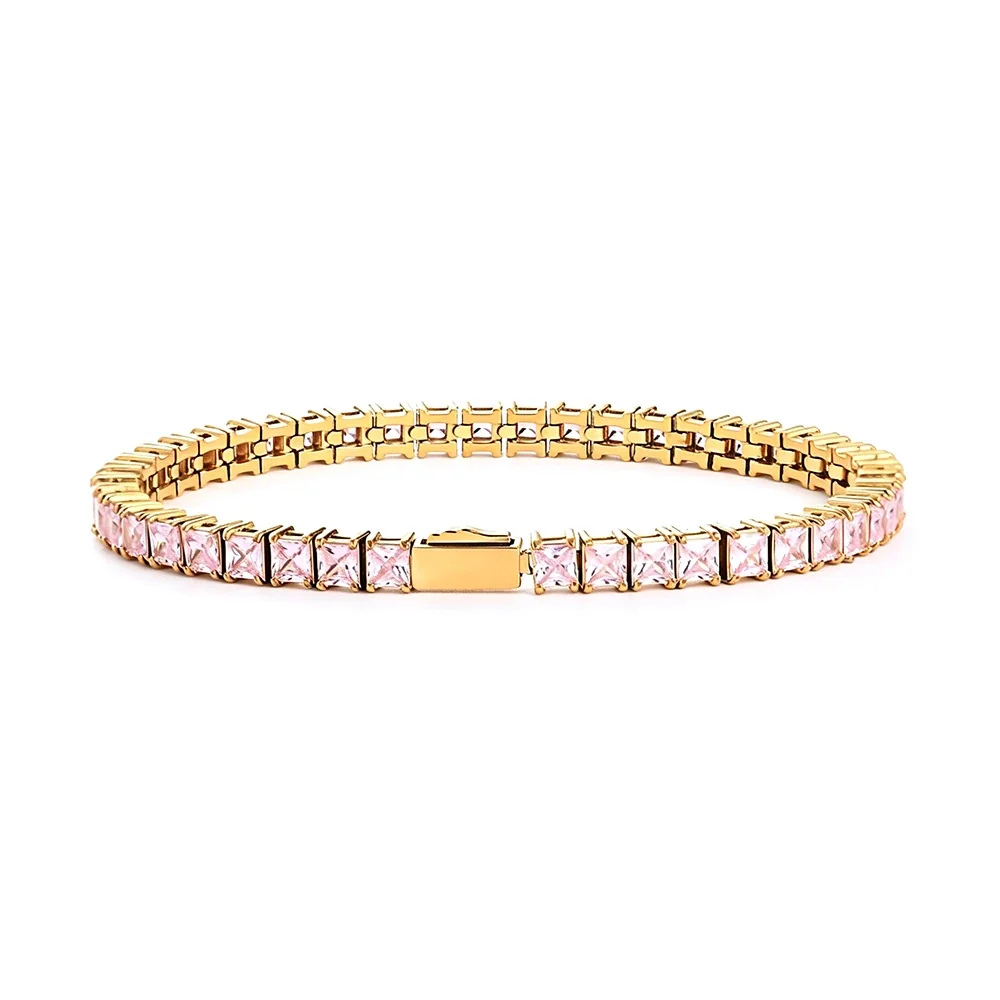 Radiant 316 Stainless Square CZ Tennis Bracelet - mm Gold Pink CZ