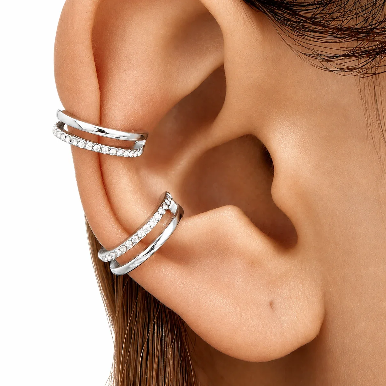 Double-Curve 316L Stainless Steel Pavé CZ Ear Cuff