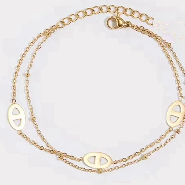 Bracelet, Double-Layer Three-Oval Gold-Plated Stainless Steel