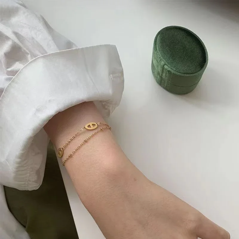 Bracelet, Double-Layer Three-Oval Gold-Plated Stainless Steel