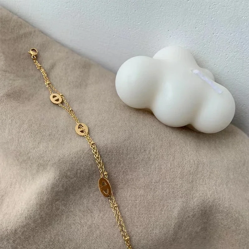 Bracelet, Double-Layer Three-Oval Gold-Plated Stainless Steel
