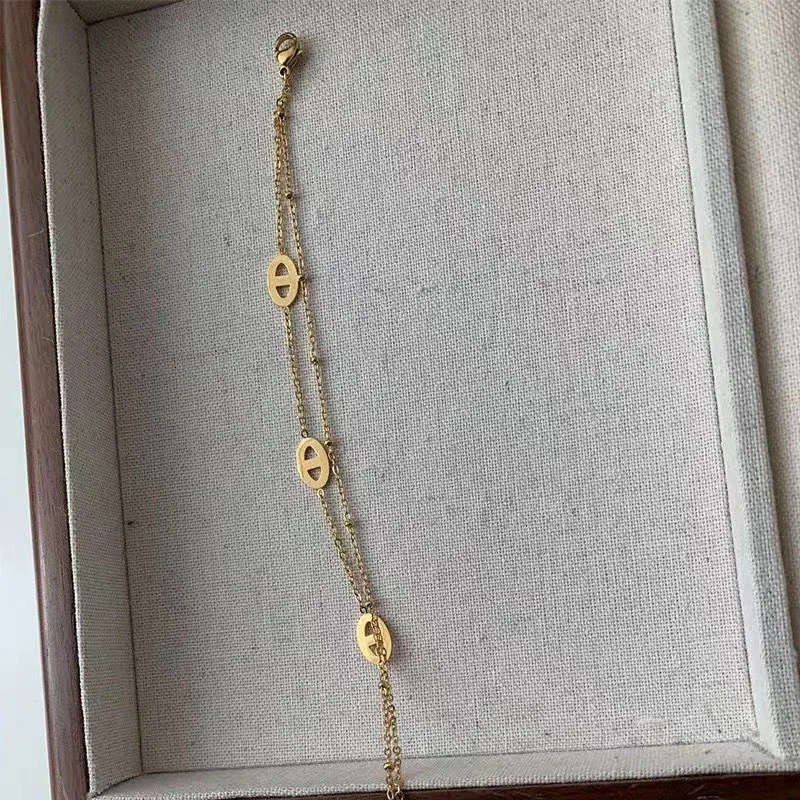 Bracelet, Double-Layer Three-Oval Gold-Plated Stainless Steel