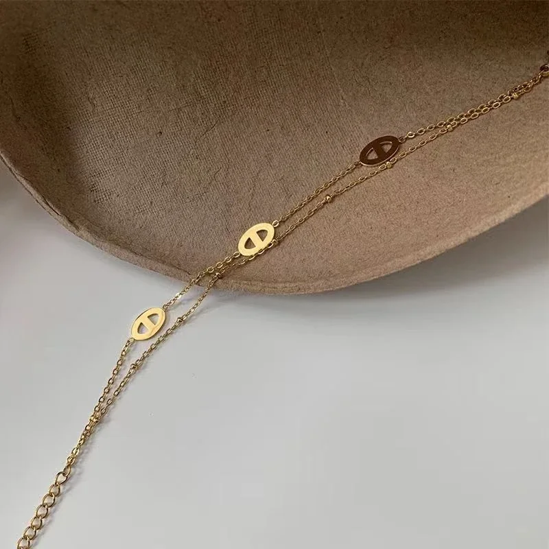 Bracelet, Double-Layer Three-Oval Gold-Plated Stainless Steel
