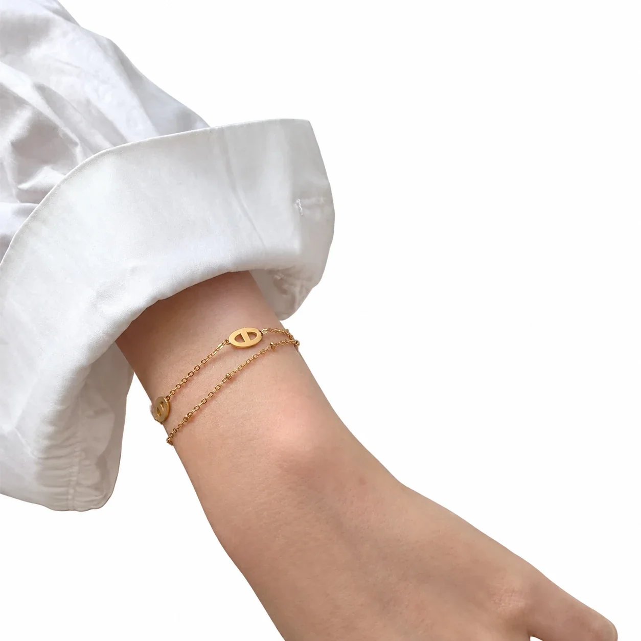 Bracelet, Double-Layer Three-Oval Gold-Plated Stainless Steel - Gold