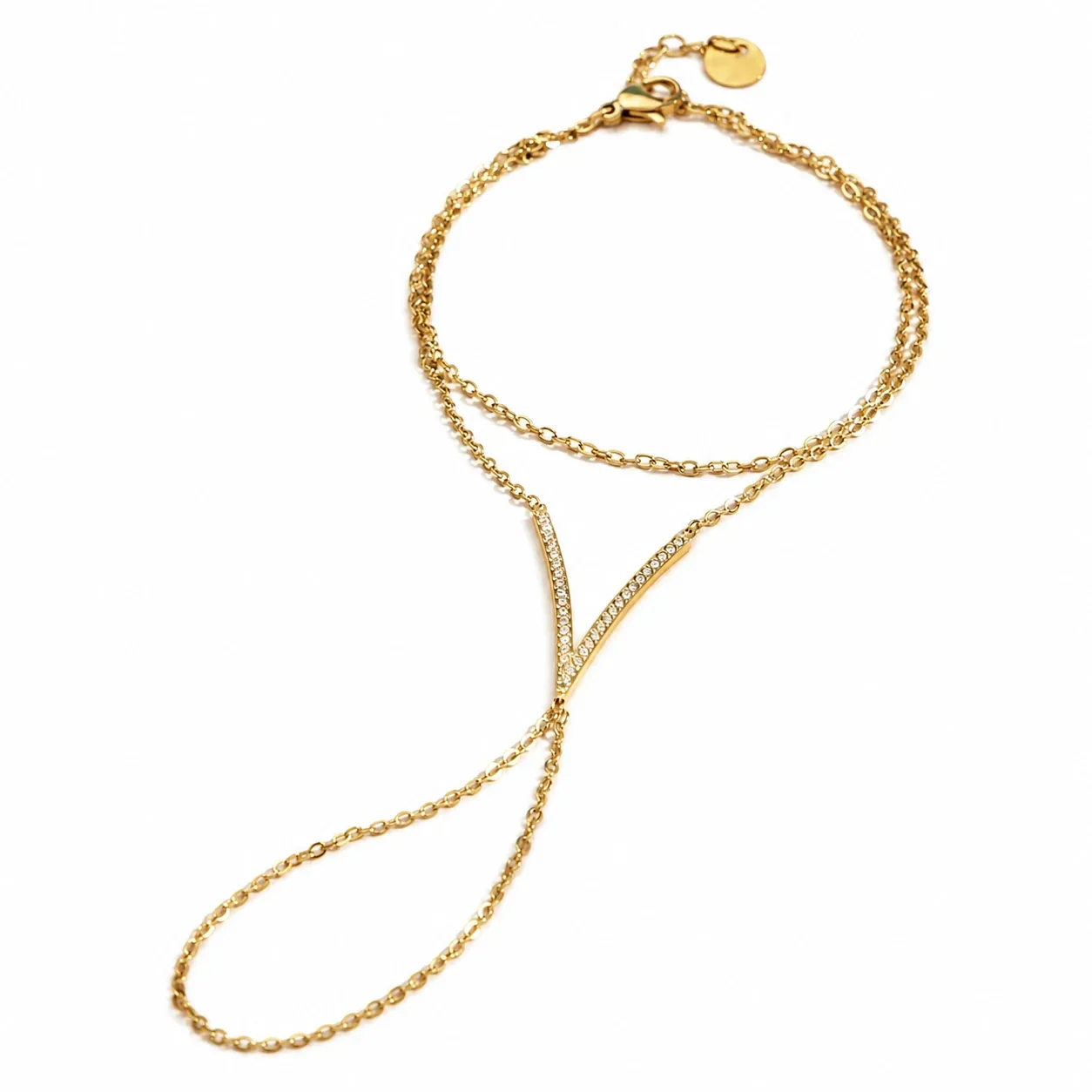 Sleek Gold PVD 316L Stainless Steel Double Chain CZ Hand Bracelet