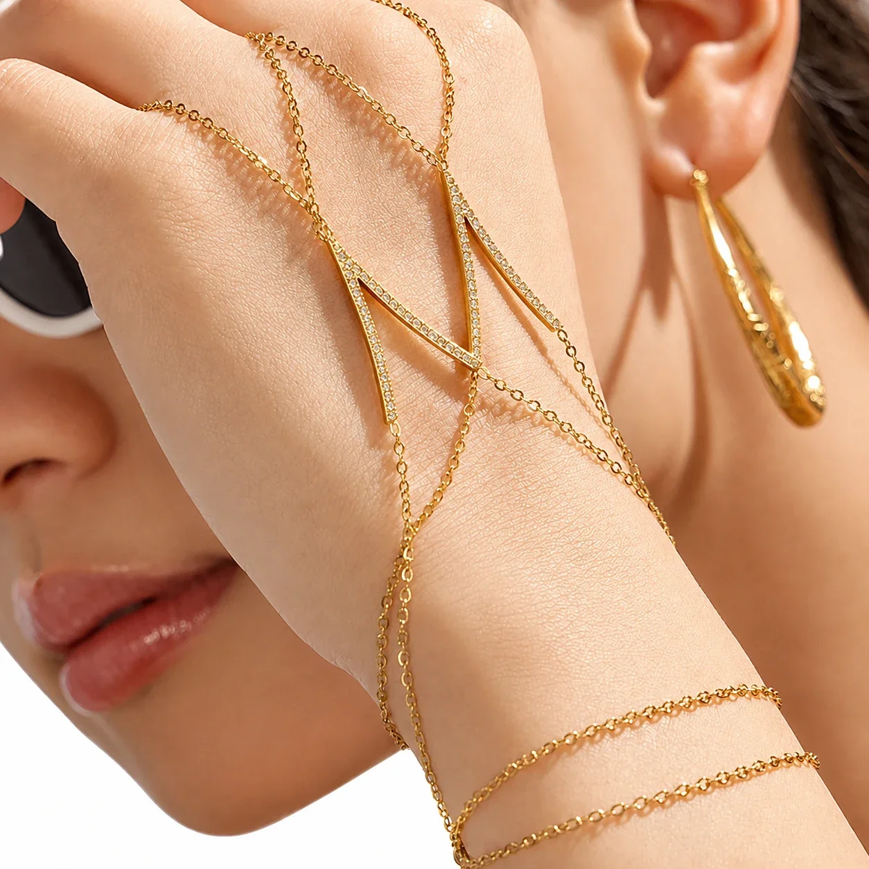 Sleek Gold-Plated 316L Double Chain CZ Hand Bracelet