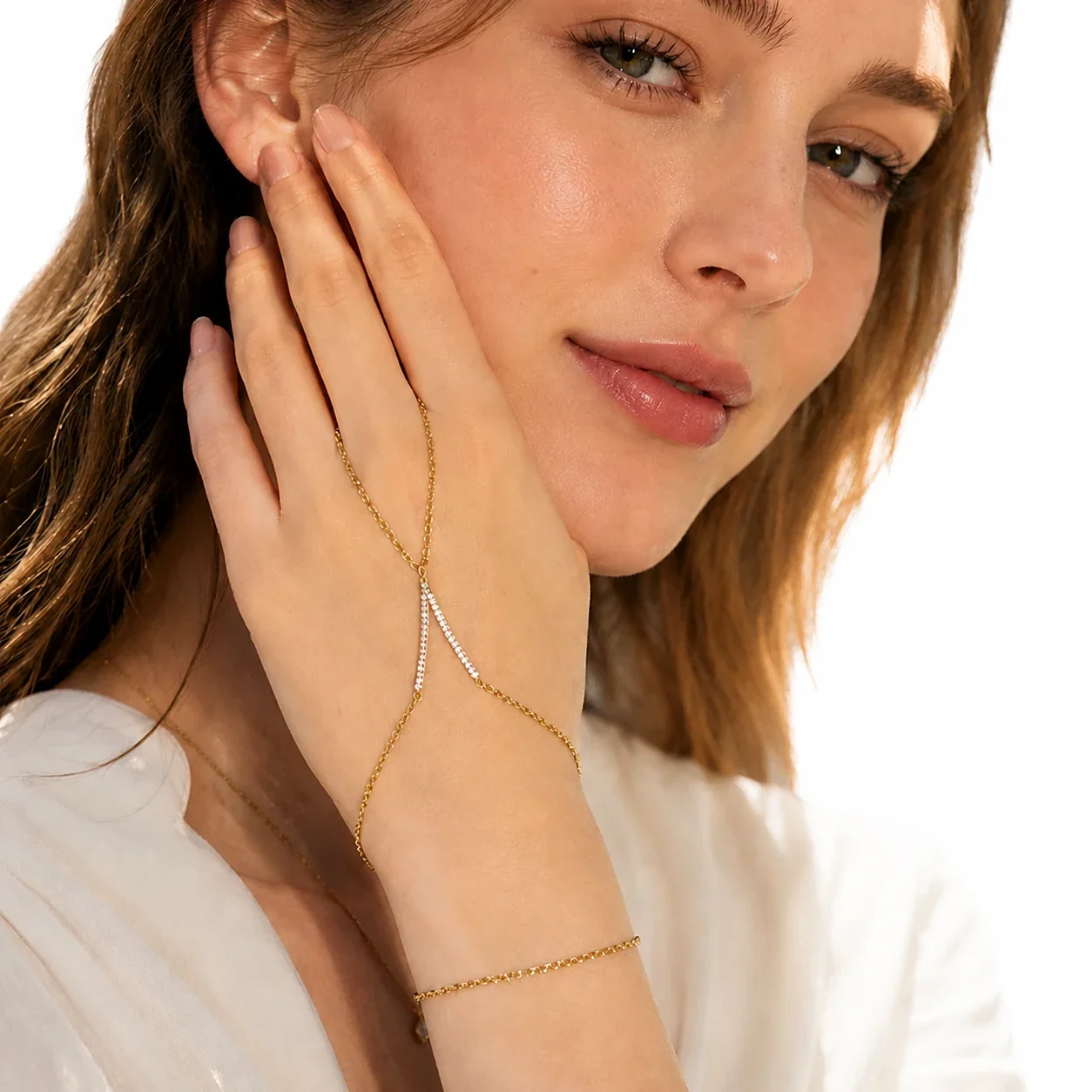 Sleek Gold-Plated 316L Double Chain CZ Hand Bracelet
