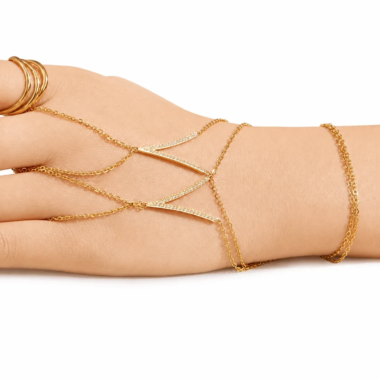Sleek Gold-Plated 316L Double Chain CZ Hand Bracelet